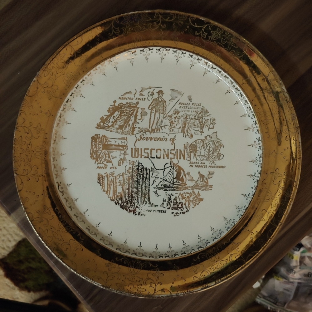 Vintage "SABIN" Wisconsin souvenir plate 22 karat gold trim